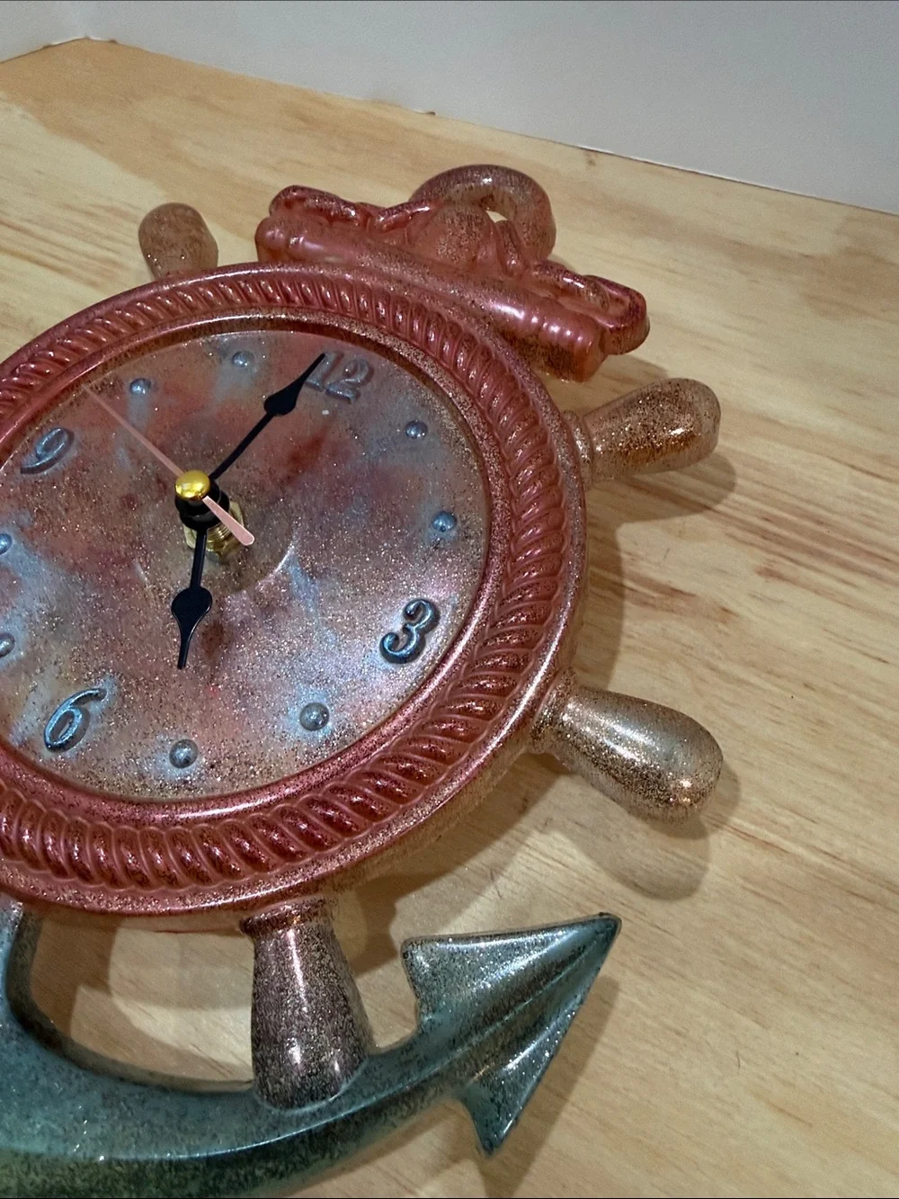 Coastal Ship Wheel Wall Clock in Copper and Teal